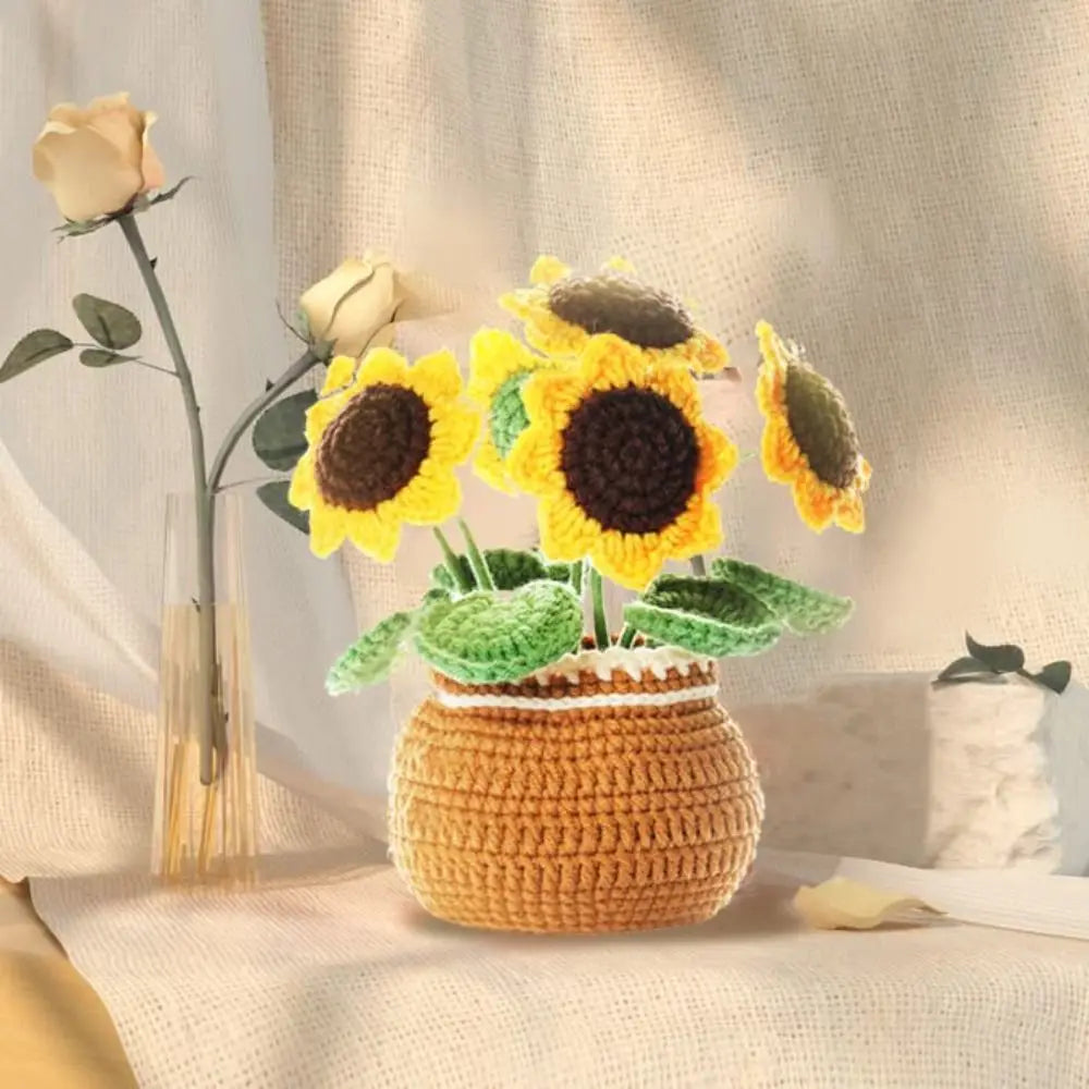 Handmade Crochet Sunflower Tulip Woven Non-finished products Potted Plants for Adults and Kids Crochet Starter Knitting Kit