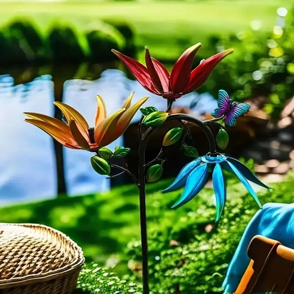 Garden Stake Metal Wind Spinner Creative with Spinning Flowers Gardening Plug Durable Wind Rotator Park