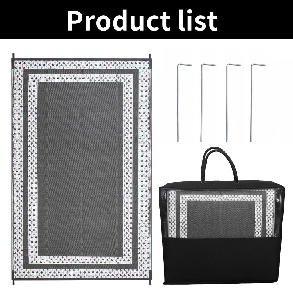 6x9 Outdoor Ground Mat with Pegs | Gray Grid Patio & Camping