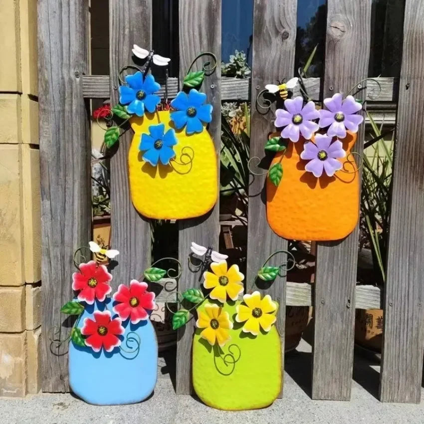 Metal Flower Wall Vase | Outdoor Fence Art & Patio Sculpture
