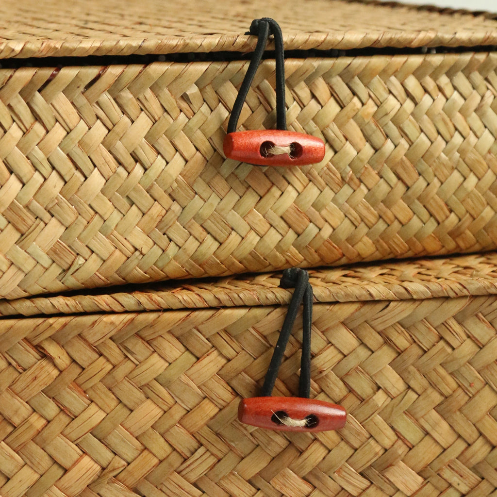 2 Pcs Seagrass Baskets with Lid Wicker Storage Basket Flat Rattan Storage Bins Woven Organizer Basket for Shelf, Closet, Bedroom