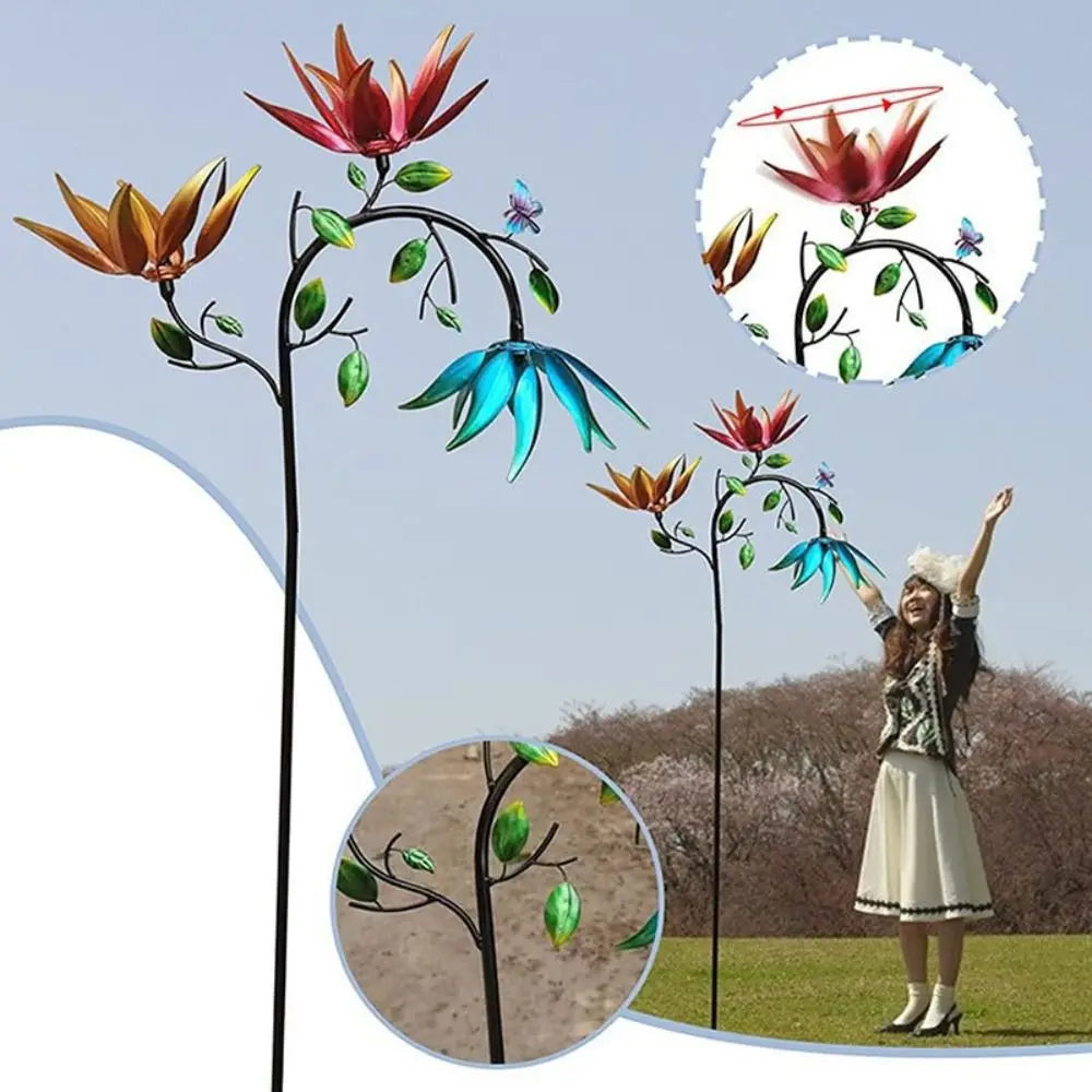 Garden Stake Metal Wind Spinner Creative with Spinning Flowers Gardening Plug Durable Wind Rotator Park