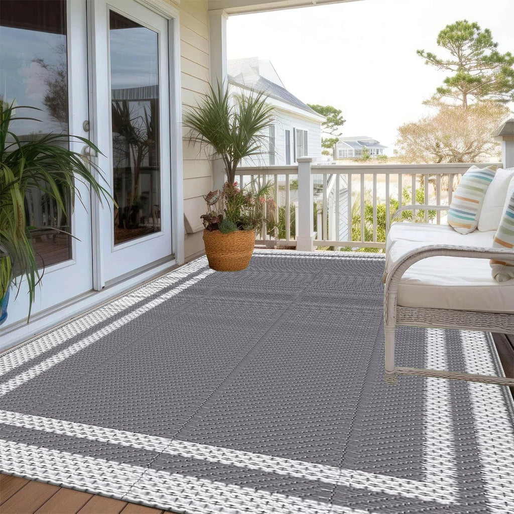 6x9 Outdoor Ground Mat with Pegs | Gray Grid Patio & Camping