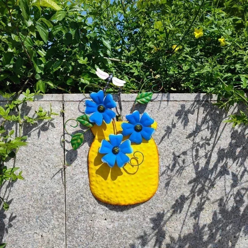 Metal Flower Wall Vase | Outdoor Fence Art & Patio Sculpture