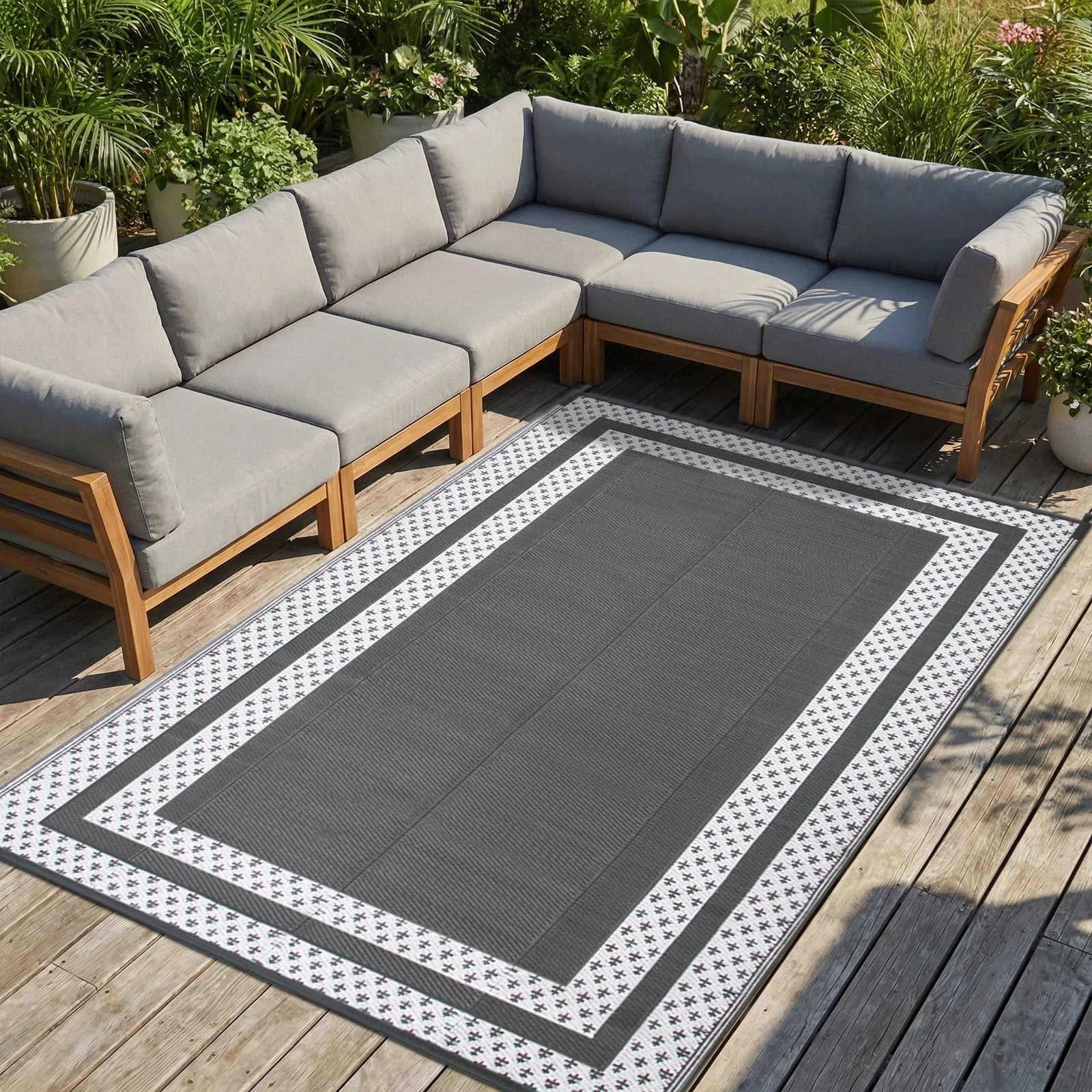 6x9 Outdoor Ground Mat with Pegs | Gray Grid Patio & Camping