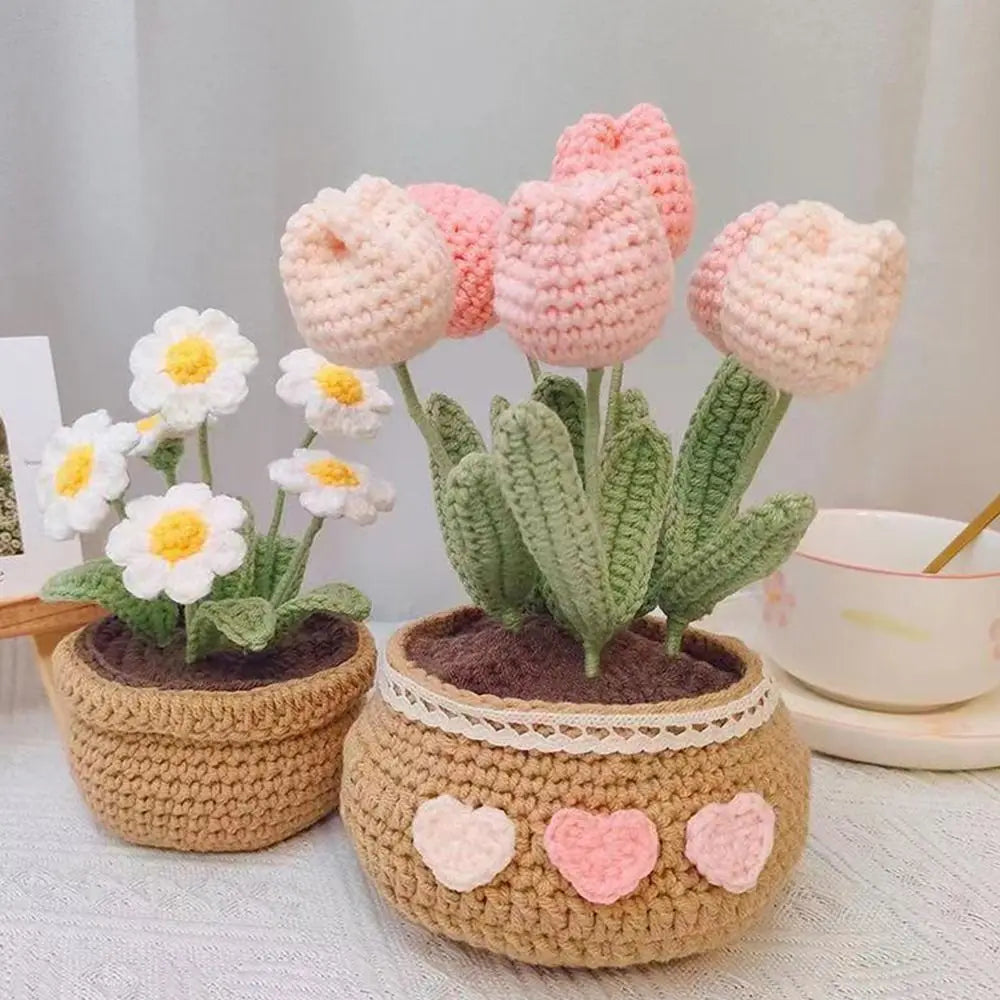 Handmade Crochet Sunflower Tulip Woven Non-finished products Potted Plants for Adults and Kids Crochet Starter Knitting Kit