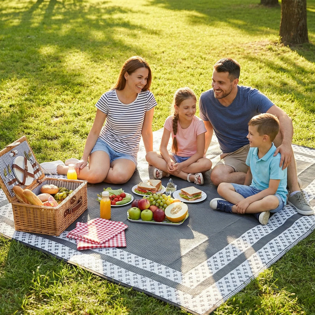 6x9 Outdoor Ground Mat with Pegs | Gray Grid Patio & Camping