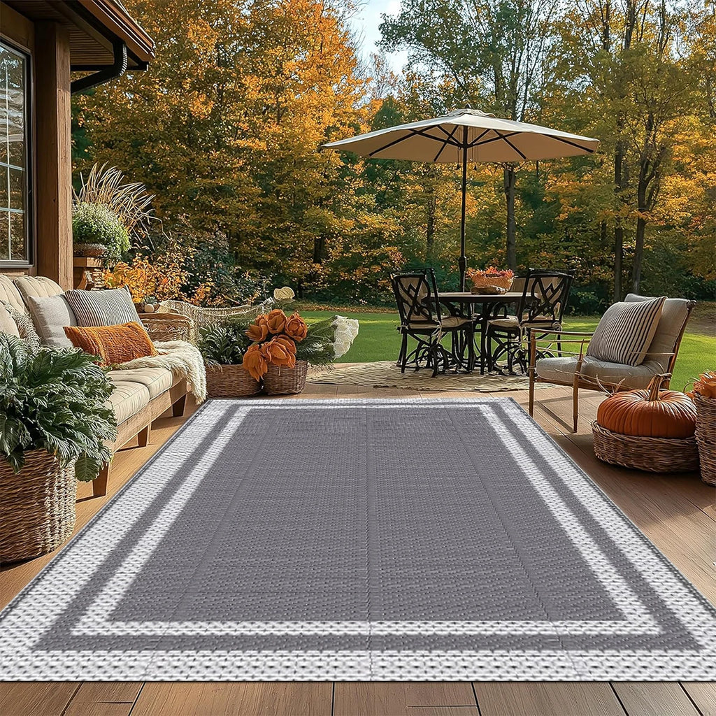 6x9 Outdoor Ground Mat with Pegs | Gray Grid Patio & Camping