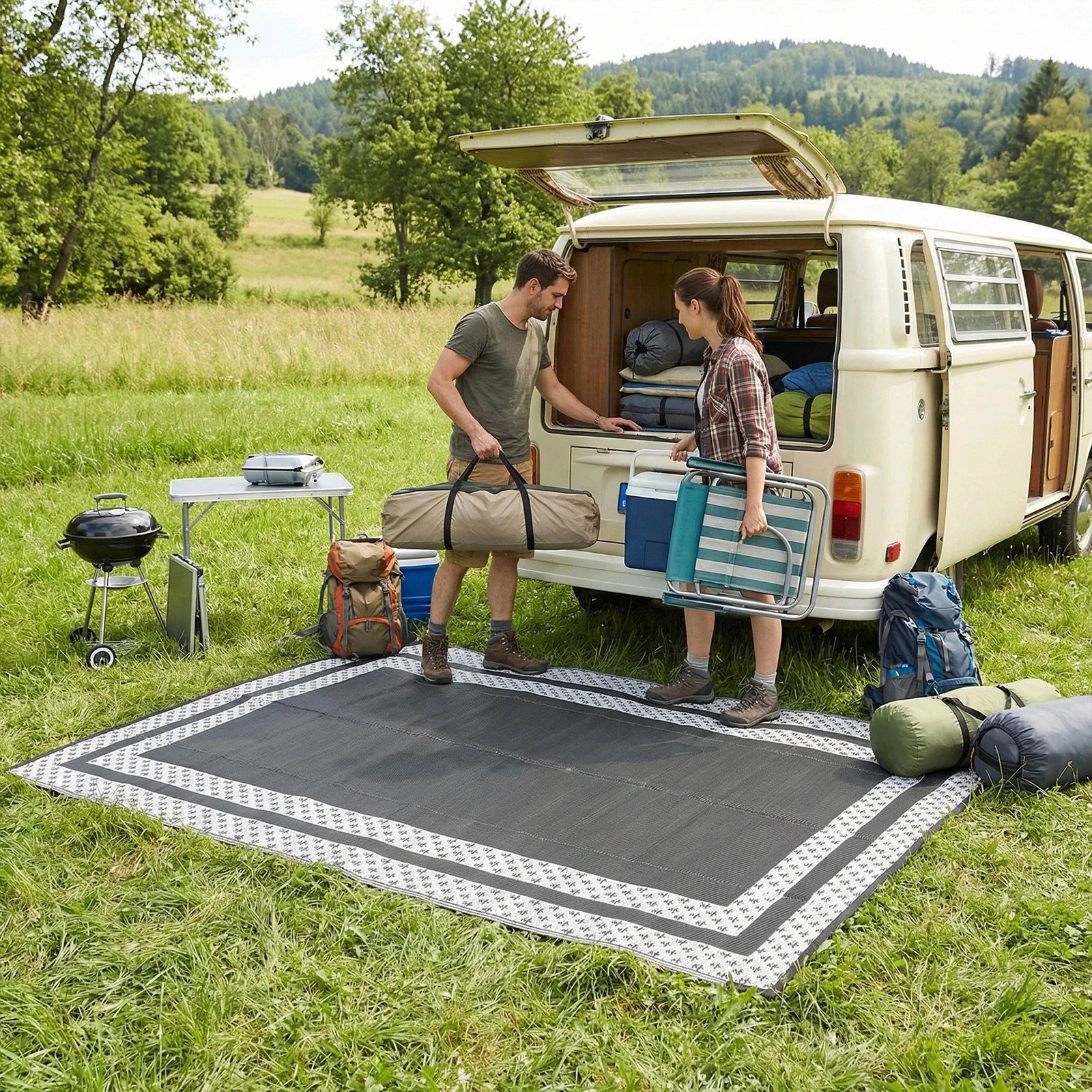 6x9 Outdoor Ground Mat with Pegs | Gray Grid Patio & Camping